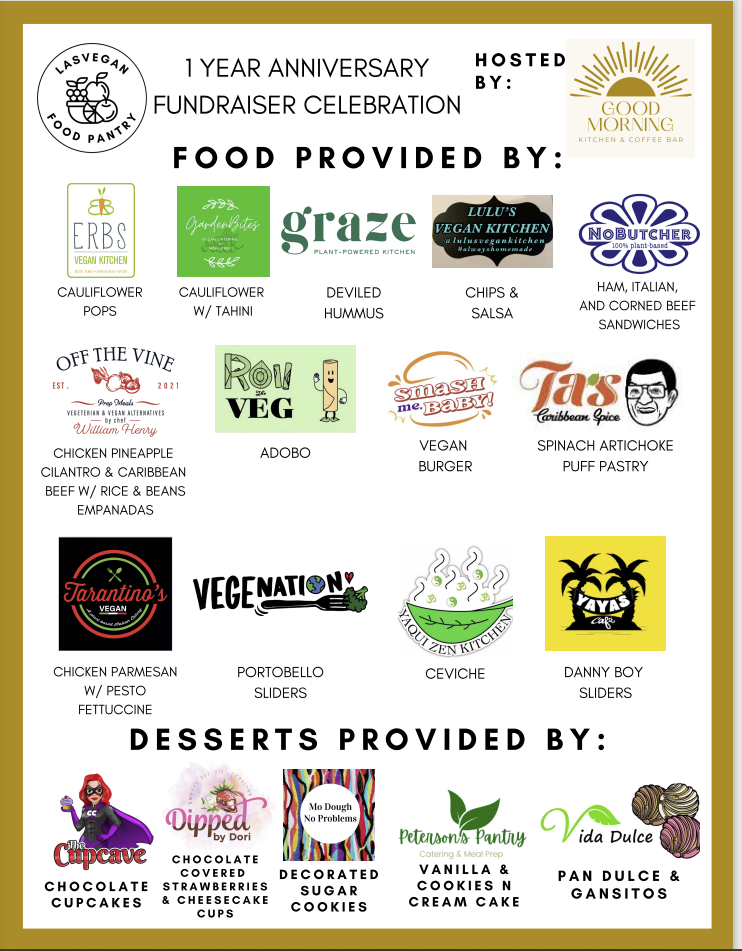 List of all the food donations for the first anniversary event for the Las Vegan Food Pantry. See the description for the full list.