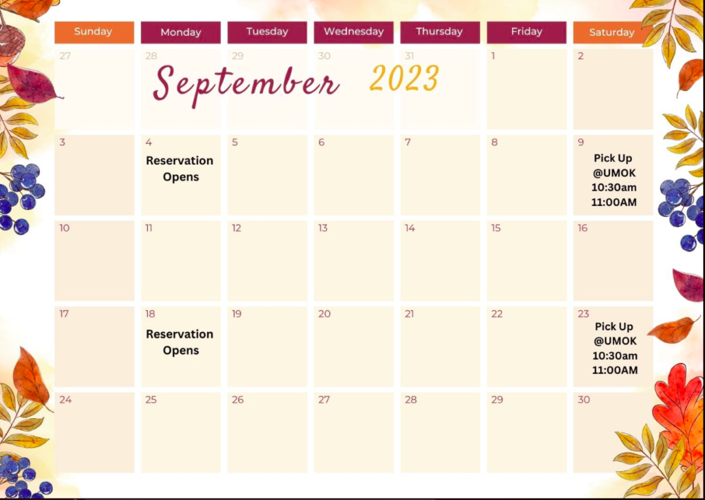 September 2023 calendar for las vegan food pantry. Reservation opens on Sept 4 and 18. Pick up is on Sept 9 and 23 respectively